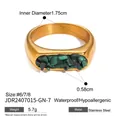 Gold-plated stainless steel signet ring for women with crushed green stone inlay - Size 7 / Green Crushed Stone Inlay Style (JDR2407015-GN-7) / Gold