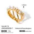 Elegant gold-plated stainless steel cross ring with pearls and crystals for women - Layered Criss-Cross Pearl Zirconia Style (JDR2405030-7) / Gold