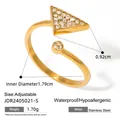 Gold-plated stainless steel adjustable open ring featuring crystal-studded triangle and round stones - Geometric Triangle Inlaid Zirconia Style (JDR2405021) / Gold