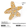 Elegant gold-plated stainless steel starfish ring encrusted with sparkling crystals, size 6-8. - Starfish Shaped Rhinestone Style (JDR2405017-8) / Gold