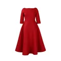 Elegant solid red A-line evening dress with 3/4 sleeves and a classic boat neckline - S / Dresses / Red
