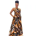 Full view of a sleeveless halter maxi dress featuring bold ethnic yellow and black patterns - S / Dresses / Black