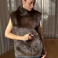Elegant brown faux mink fur vest for women, thickened warm plush winter waistcoat - S / Tops / Brown