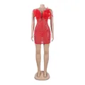 Vista detallada de vestido corto rojo ajustado con adornos de plumas y perlas - S / Vestidos / Rojo