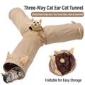 Tunnel pieghevole a 3 vie per gatti con orecchie di gatto e carta frusciante interna - Marrone Tre Vie