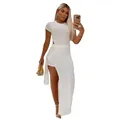 Detailed view of sexy white two-piece set with high split skirt and tie-up design - S / Top And Bottom / White