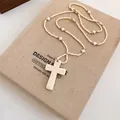 Detailed view of bohemian style beaded cross necklace with stone texture pendant. - Marble Pattern Cross (White)