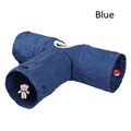 Faltbarer T-förmiger interaktiver blauer Katzentunnel mit Bär und Glockenspielzeug - Blaues Segeltuch 3-Wege