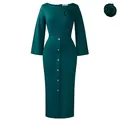 Elegant dark teal bodycon midi dress with round neck and fabric rose detail. - S / Malachite green