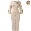 Elegant beige long-sleeve midi dress with front buttons and flower brooch detail. - S / Apricot