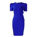 Elegant cobalt blue bodycon short sleeve dress featuring a stylish 3D ruffle flower detail - S / Dresses / Sapphire Blue