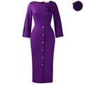 Plus size elegant purple bodycon dress with long sleeves and rose brooch detail - S / Purple
