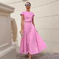Conjunto rosa elegante de estilo francés con falda larga línea A y top abotonado - S / Top Y Pantalón / Rosa