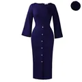Elegant navy blue round neck bodycon midi dress with bell sleeves and flower detail - S / Dark Blue