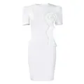 Elegant white bodycon dress featuring puff sleeves and a large fabric flower accent. - S / Dresses / White