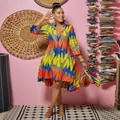 Vibrant African print colorful dress featuring a V-neck and lapel for nightclub style - M / Dresses / Colorful