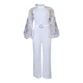 Elegant white wide-leg jumpsuit with delicate lace mesh lantern sleeves and waist belt - S / White