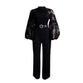 Elegant black plus size wide-leg jumpsuit with floral mesh lantern sleeves and belt - S / Black