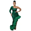 Elegant one-shoulder green sequined dress with large ruffled mesh irregular hem detail - S / Dresses / Green