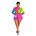 Full front view of vibrant pink blazer and matching shorts set with blue floral prints - S / Top And Bottom / Rose Red