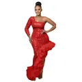 Elegant red sequin one-shoulder evening gown with asymmetrical ruffled tulle hem detail - S / Dresses / Red