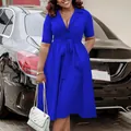 Elegant royal blue short sleeve dress with suit collar and belted waist for women fashion - S / Sapphire Blue