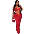 Sexy red two-piece outfit featuring a strapless bandeau top and a pleated maxi floor skirt - S / Top And Bottom / Red