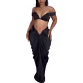Elegant black off-shoulder crop top paired with a ruched bodycon floor-length maxi skirt - S / Top And Bottom / Black