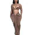 Sexy bronze two-piece ruched set featuring off-shoulder tube top and floor-length skirt - S / Top And Bottom / Brown