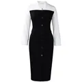Detail view of a professional black and white contrast pencil dress with suit collar. - S / Dresses / Black