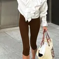 Women's high waisted 7-point yoga leggings in coffee brown shark pants style - S / Bottoms / Brown