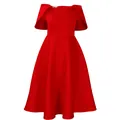 Elegante vestido de cóctel rojo con mangas de capa y falda de gran vuelo para fiesta - S / Vestidos / Rojo