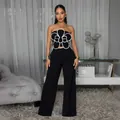 Sexy black tube top with flower detail and wide-leg trousers two-piece set view - S / Top And Bottom / Black