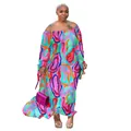 Vibrant abstract print off-shoulder maxi dress with long sleeves for women - 0XL / Multicolor