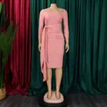 Detail showing the elegant pink office dress with 3/4 sleeves and pleated waist tie - S / Pink