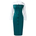 Close-up of elegant teal and white color-block blazer collar pencil dress details - S / Dresses / Malachite green