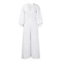 Elegant white long sleeve pleated wide leg jumpsuit featuring delicate beaded waist detail - S / Jumpsuits / White