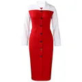Detailed view of red and white color-block pencil dress with notched lapel and buttons. - S / Dresses / Red