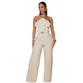 Beige bandeau crop top with 3D flower decoration and matching high waist wide leg pants set - S / Top And Bottom / Apricot