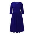 Elegant royal blue pleated dress with a stylish V-neck design for autumn - S / Dresses / Dark Blue