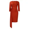 Professional rust red midi dress featuring 3/4 sleeves and elegant pleated waist sash tie detail - S / Dresses / Red Brown