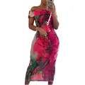 Detailed view of pink and green abstract print off-shoulder bodycon midi dress - S / Pink