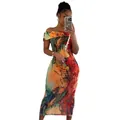 Detailed macro view of a sexy off-the-shoulder multi-colored abstract printed bodycon dress - S / Multicolor