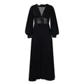 Detail view of elegant black wide-leg jumpsuit with beaded waist and pleated pants - S / Jumpsuits / Black