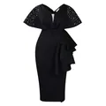 Detailed view of elegant black V-neck bodycon dress with pearls and ruffles. - S / Dresses / Black