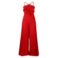 Elegant red pleated sleeveless jumpsuit featuring a giant decorative flower applique - S / Set / Red