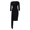 Detailed view of black office dress with asymmetrical neckline and elegant waist tie draping. - S / Dresses / Black