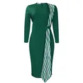 Elegant dark green long-sleeved pencil dress with white striped sash detail - S / Dresses / Green