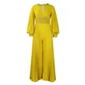 Elegant yellow V-neck jumpsuit featuring beaded waist detail and pleated wide-leg pants - S / Jumpsuits / Lemon Yellow
