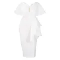 Detailed view of white V-neck evening dress with elegant ruffles and beaded sleeves - S / Dresses / White
